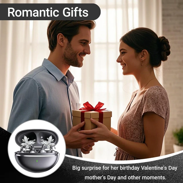 Alt view image 7 of 7 - Jewelry-Inspired Clip-On Earbuds with Detachable Sparkle Butterfly Earrings 2026 New Open Ear Wireless Headphones for Women, Bluetooth 6.0, 50H Playtime, Low Latency, Sports & Workouts, Black