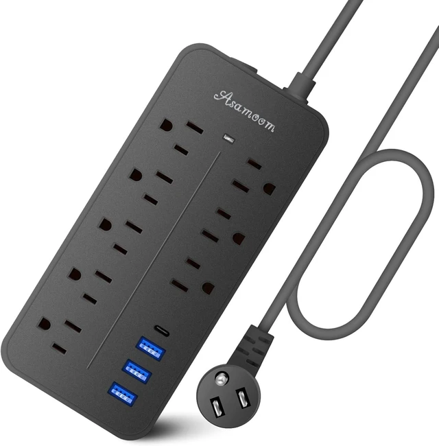 Main image of 10FT Surge Protector Power Strip Extension Cord, ETL Listed Flat Plug Power Strip with Long Cord, 8 Outlets and 3 USB A & 1 USB-C Port, 1700J Wall Mount Desk Black