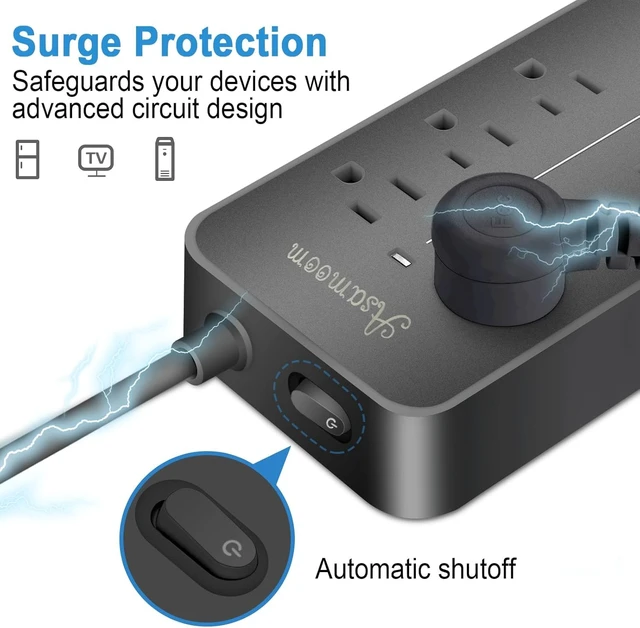 Alt view image 3 of 7 - 10FT Surge Protector Power Strip Extension Cord, ETL Listed Flat Plug Power Strip with Long Cord, 8 Outlets and 3 USB A & 1 USB-C Port, 1700J Wall Mount Desk Black