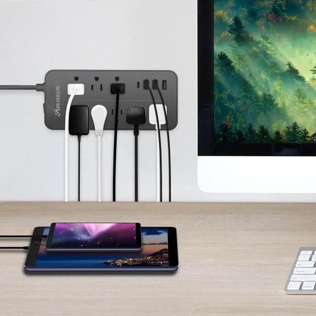 Alt view image 5 of 7 - 10FT Surge Protector Power Strip Extension Cord, ETL Listed Flat Plug Power Strip with Long Cord, 8 Outlets and 3 USB A & 1 USB-C Port, 1700J Wall Mount Desk Black