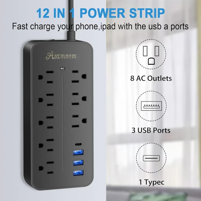 Alt view image 7 of 7 - 10FT Surge Protector Power Strip Extension Cord, ETL Listed Flat Plug Power Strip with Long Cord, 8 Outlets and 3 USB A & 1 USB-C Port, 1700J Wall Mount Desk Black