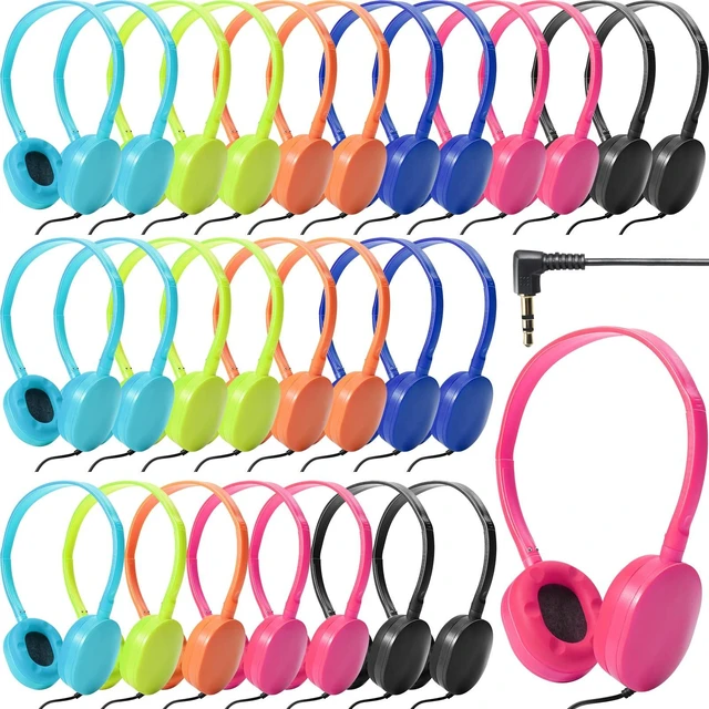 Main image of 30 Pack Wired Headphones, Adjustable On Ear Headphones, Mixed Colors with Stereo, Earbuds for Schools, Laptop, Travel, Plane, Tablet