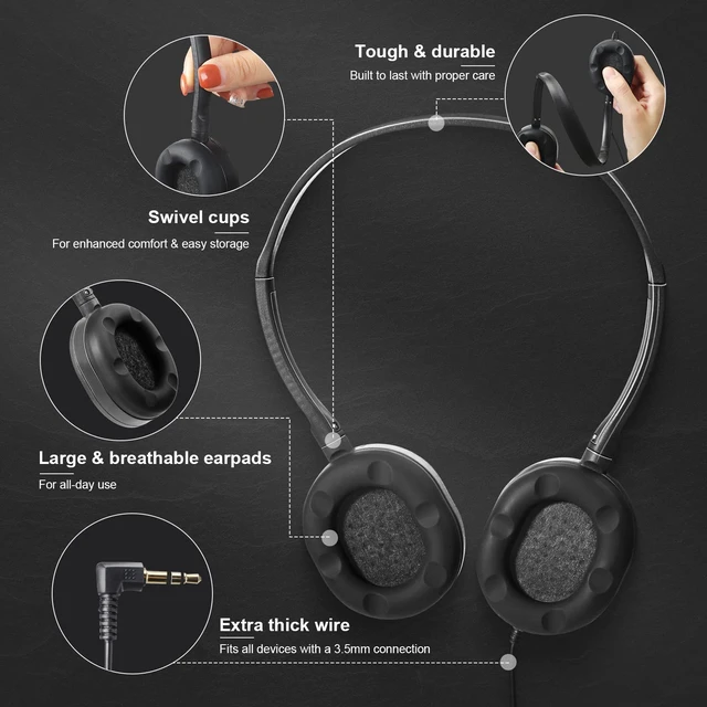 Alt view image 2 of 7 - 30 Pack Wired Headphones, Adjustable On Ear Headphones, Mixed Colors with Stereo, Earbuds for Schools, Laptop, Travel, Plane, Tablet