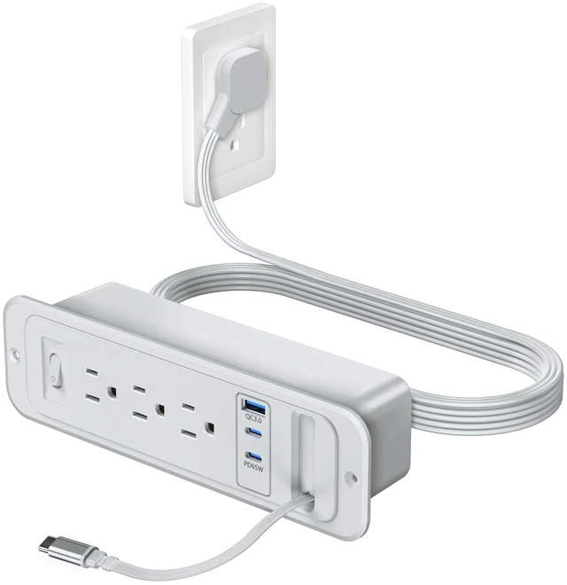 Main image of Recessed Power Strip,Retractable USB C Cable,65W USB C,Grey,6FT Flush Mount Countertop Drawer Outlet, Furniture Hidden Outlet for Side Table,End Table,3 Outlets