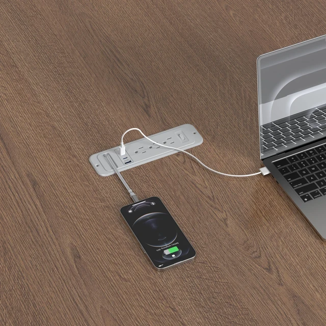 Alt view image 3 of 7 - Recessed Power Strip,Retractable USB C Cable,65W USB C,Grey,6FT Flush Mount Countertop Drawer Outlet, Furniture Hidden Outlet for Side Table,End Table,3 Outlets