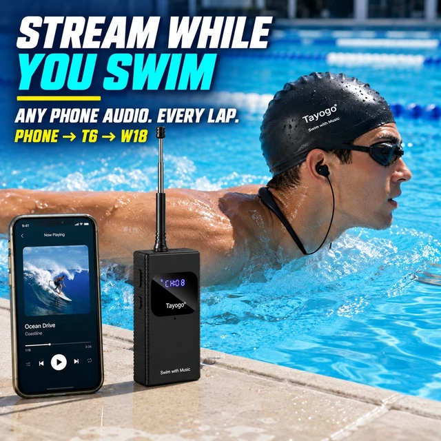 Alt view image 7 of 7 - T6+W18 Swim Music Combo Waterproof Swimming MP3 Player + Bluetooth Transmitter No Need to Download Music, Support Spotify, Swim with Your Stream APP