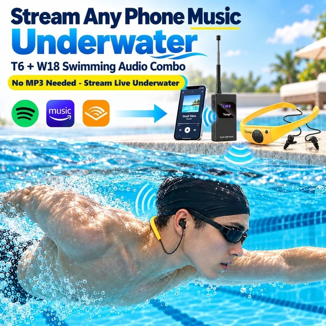 Alt view image 2 of 7 - T6+W18 Swim Music Combo Waterproof Swimming MP3 Player + Bluetooth Transmitter No Need to Download Music, Support Spotify, Swim with Your Stream APP
