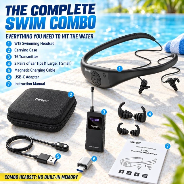 Alt view image 7 of 7 - T6+W18 Swim Music Combo Waterproof Swimming MP3 Player + Bluetooth Transmitter No Need to Download Music, Support Spotify, Swim with Your Stream APP