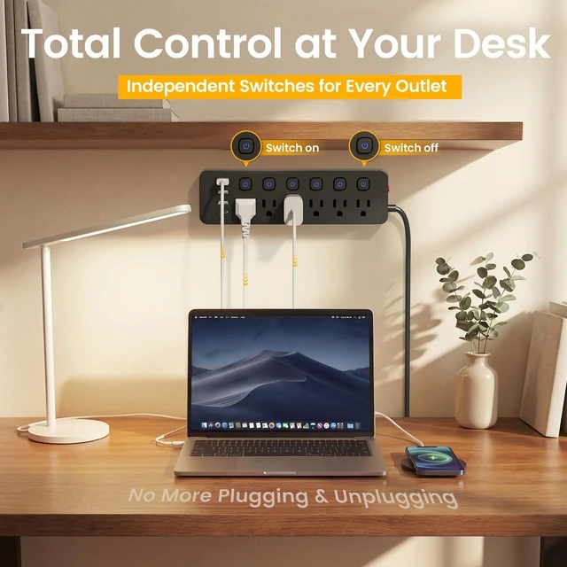 Alt view image 3 of 7 - 10Ft Power Strip with 6 Individual Switches, 6 Outlets 3 USB-A Ports & 1 USB-C Port, No Surge Protector, Flat Plug, 1250W/10A, Cruise Friendly for Home Office Dorm Travel