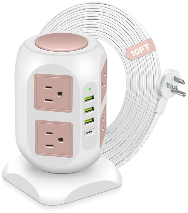 Main image of Rose Gold Power Strip Flat Plug, 8 Outlets 4 USB Ports Charging Station, 10FT Tower Surge Protector Extender, Cute Desk Accessories for Women Girls, Home Office Room Decor