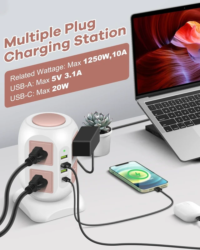 Alt view image 2 of 7 - Rose Gold Power Strip Flat Plug, 8 Outlets 4 USB Ports Charging Station, 10FT Tower Surge Protector Extender, Cute Desk Accessories for Women Girls, Home Office Room Decor