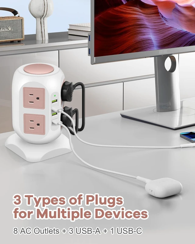 Alt view image 3 of 7 - Rose Gold Power Strip Flat Plug, 8 Outlets 4 USB Ports Charging Station, 10FT Tower Surge Protector Extender, Cute Desk Accessories for Women Girls, Home Office Room Decor