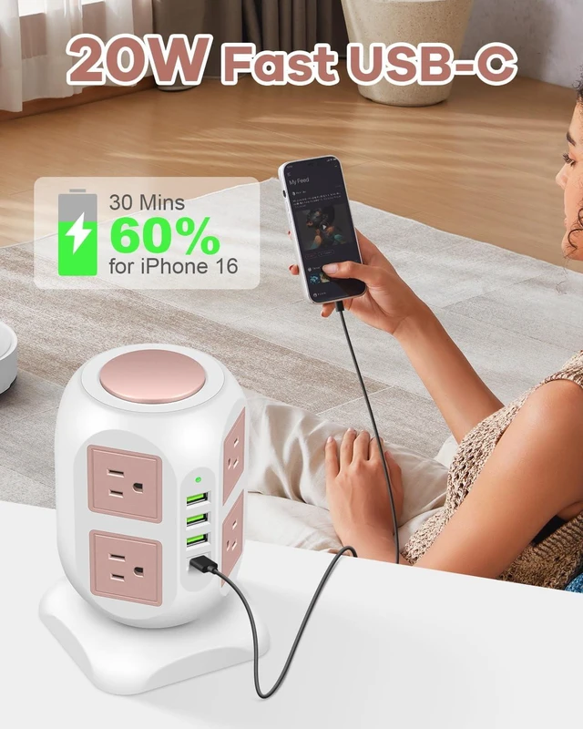 Alt view image 4 of 7 - Rose Gold Power Strip Flat Plug, 8 Outlets 4 USB Ports Charging Station, 10FT Tower Surge Protector Extender, Cute Desk Accessories for Women Girls, Home Office Room Decor