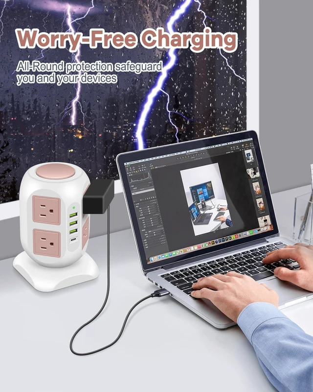 Alt view image 5 of 7 - Rose Gold Power Strip Flat Plug, 8 Outlets 4 USB Ports Charging Station, 10FT Tower Surge Protector Extender, Cute Desk Accessories for Women Girls, Home Office Room Decor
