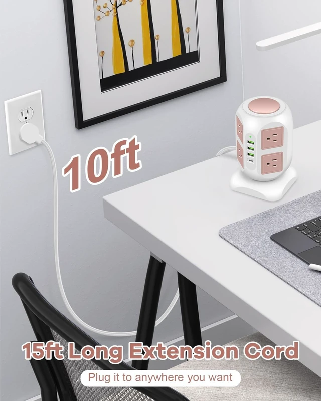 Alt view image 6 of 7 - Rose Gold Power Strip Flat Plug, 8 Outlets 4 USB Ports Charging Station, 10FT Tower Surge Protector Extender, Cute Desk Accessories for Women Girls, Home Office Room Decor