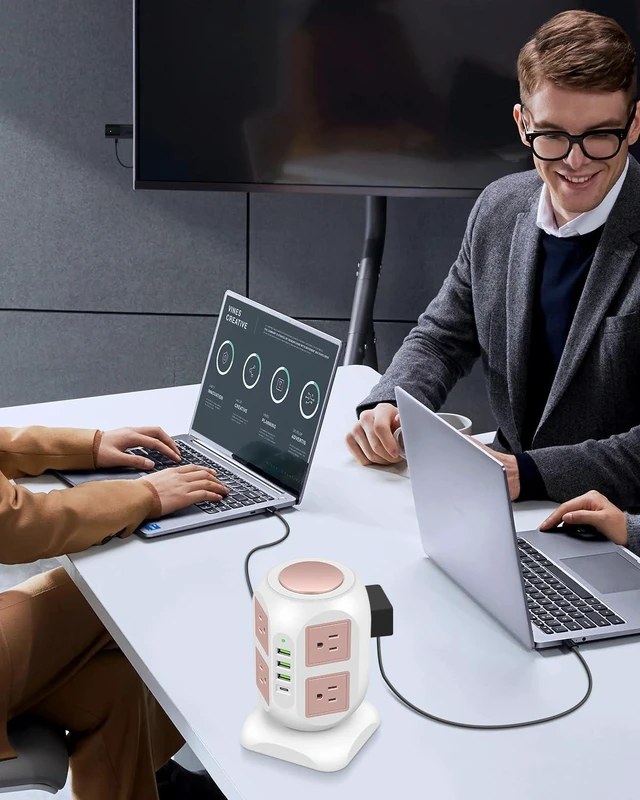Alt view image 7 of 7 - Rose Gold Power Strip Flat Plug, 8 Outlets 4 USB Ports Charging Station, 10FT Tower Surge Protector Extender, Cute Desk Accessories for Women Girls, Home Office Room Decor