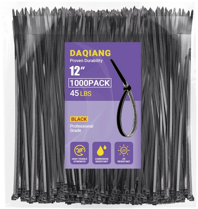 Main image of 12 Inch Zip Ties (1000 Pack) - 45 lb Tensile Strength, Black Self-Locking Nylon Cable Ties for Indoor & Outdoor Use