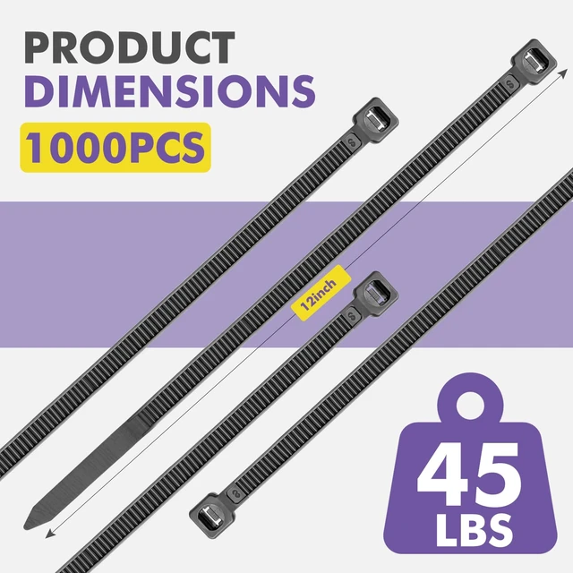Alt view image 2 of 6 - 12 Inch Zip Ties (1000 Pack) - 45 lb Tensile Strength, Black Self-Locking Nylon Cable Ties for Indoor & Outdoor Use