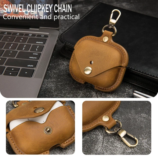 Alt view image 7 of 7 - Charging Case Cover for Apple Airpods Pro(2019) & Airpods Pro 2nd(2022). Handcrafted Fully, Crazy Horse Cowhide Leather Vintage. Protective Portable Shockproof Case with Key Chain (Brown)