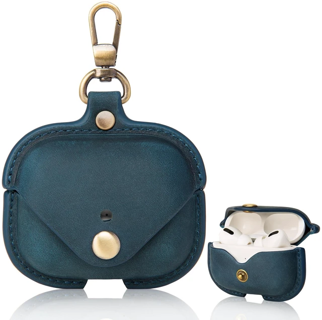 Main image of Charging Case Cover for Apple Airpods Pro(2019) & Airpods Pro 2nd(2022). Handcrafted Fully, Crazy Horse Cowhide Leather Vintage. Protective Portable Shockproof Case with Key Chain (Blue)