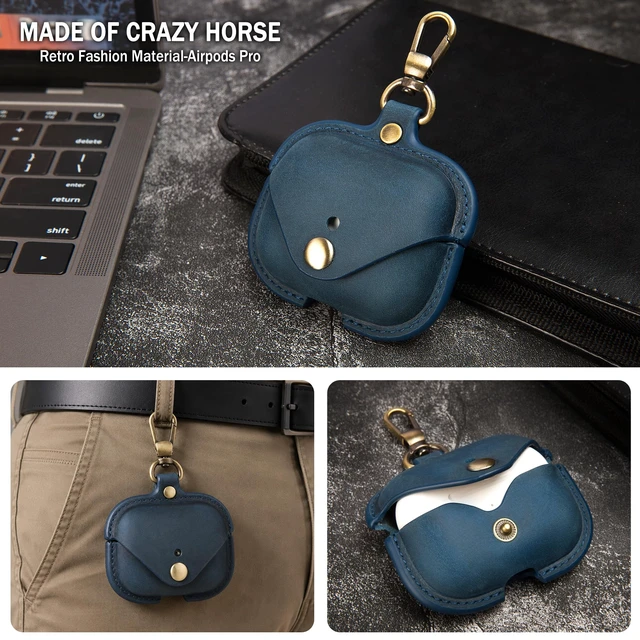 Alt view image 2 of 7 - Charging Case Cover for Apple Airpods Pro(2019) & Airpods Pro 2nd(2022). Handcrafted Fully, Crazy Horse Cowhide Leather Vintage. Protective Portable Shockproof Case with Key Chain (Blue)