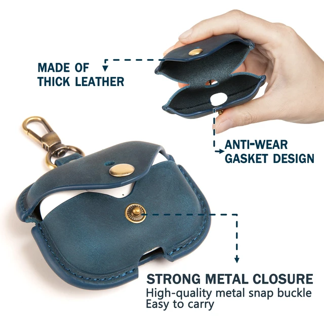 Alt view image 3 of 7 - Charging Case Cover for Apple Airpods Pro(2019) & Airpods Pro 2nd(2022). Handcrafted Fully, Crazy Horse Cowhide Leather Vintage. Protective Portable Shockproof Case with Key Chain (Blue)