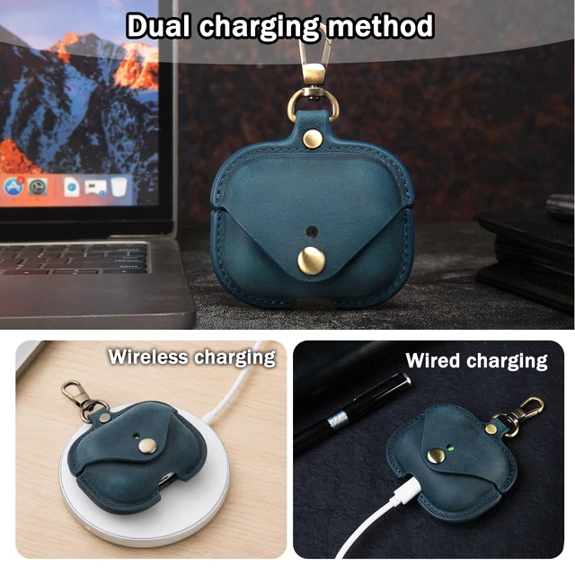Alt view image 4 of 7 - Charging Case Cover for Apple Airpods Pro(2019) & Airpods Pro 2nd(2022). Handcrafted Fully, Crazy Horse Cowhide Leather Vintage. Protective Portable Shockproof Case with Key Chain (Blue)