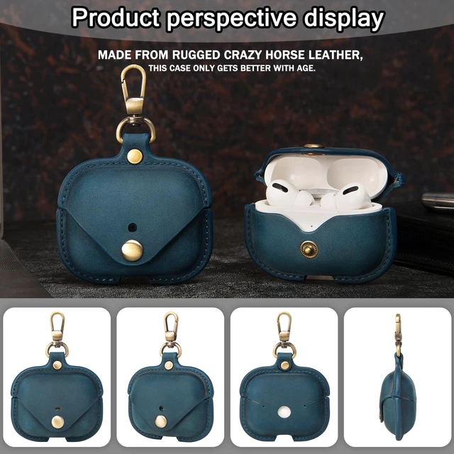 Alt view image 7 of 7 - Charging Case Cover for Apple Airpods Pro(2019) & Airpods Pro 2nd(2022). Handcrafted Fully, Crazy Horse Cowhide Leather Vintage. Protective Portable Shockproof Case with Key Chain (Blue)