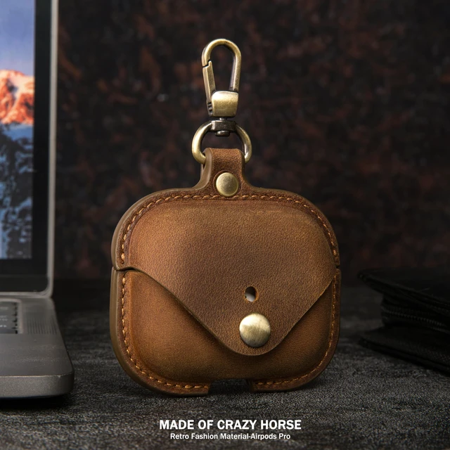 Alt view image 2 of 7 - Charging Case Cover for Apple Airpods Pro(2019) & Airpods Pro 2nd(2022). Handcrafted Fully, Crazy Horse Cowhide Leather Vintage. Protective Portable Shockproof with Key Chain (Coffee)