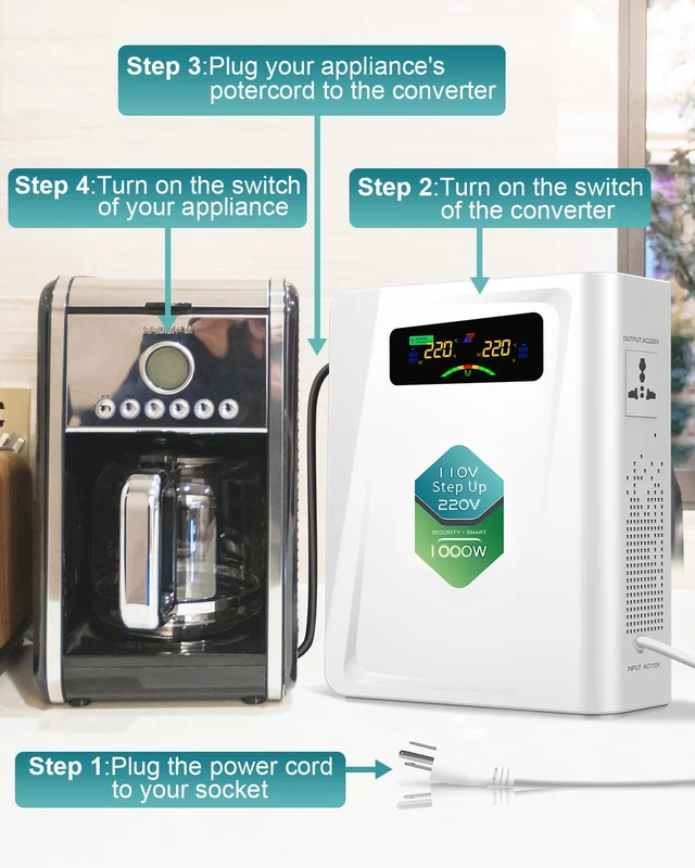 Alt view image 5 of 6 - 120v to 240v Step Up Transformer 1000W, 110v to 220v Power Voltage Converters, No Noise, Ten Protection Functions, Suit for Coffee Machines, Rice Cookers and Other Appliances