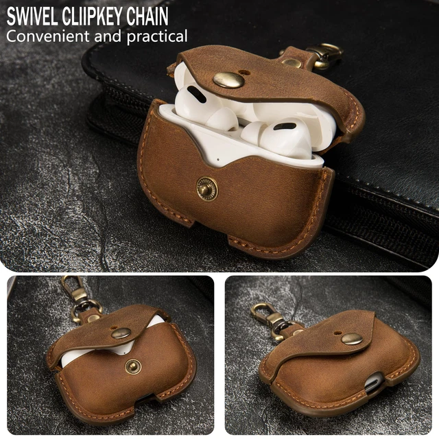 Alt view image 3 of 7 - Charging Case Cover for Apple Airpods Pro(2019) & Airpods Pro 2nd(2022). Handcrafted Fully, Crazy Horse Cowhide Leather Vintage. Protective Portable Shockproof with Key Chain (Coffee)
