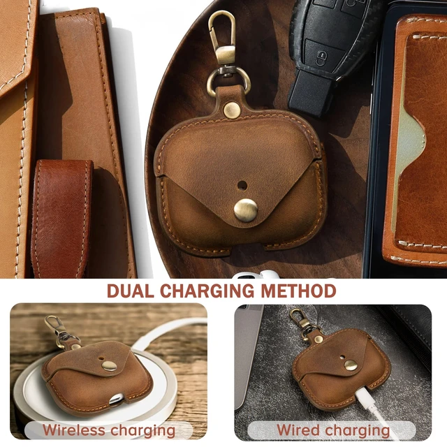 Alt view image 4 of 7 - Charging Case Cover for Apple Airpods Pro(2019) & Airpods Pro 2nd(2022). Handcrafted Fully, Crazy Horse Cowhide Leather Vintage. Protective Portable Shockproof with Key Chain (Coffee)