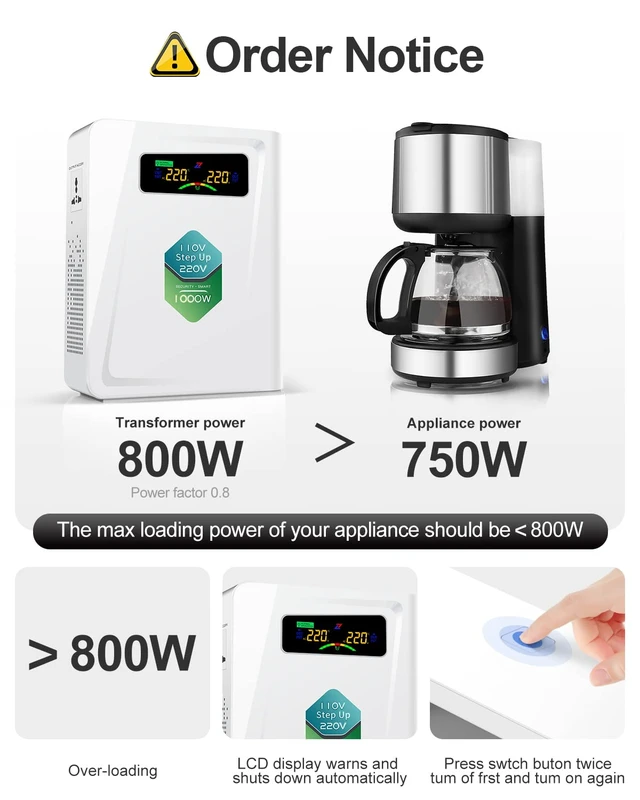 Alt view image 6 of 6 - 120v to 240v Step Up Transformer 1000W, 110v to 220v Power Voltage Converters, No Noise, Ten Protection Functions, Suit for Coffee Machines, Rice Cookers and Other Appliances