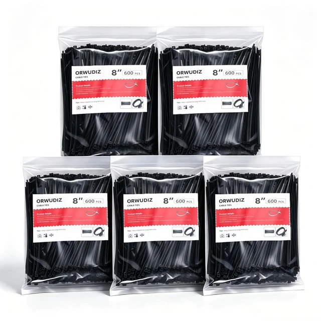 Main image of Cable Zip Ties, 8 Inch Black 3000 Pcs Nylon 66 Self-Locking 40 Lbs Tensile Strength, UV Resistant, Durable, for Industrial Outdoor Home Electrical Wire Management