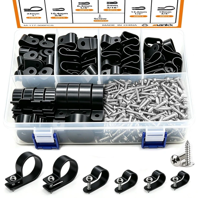 Main image of 306PCS Cable Clips Assortment Kit Nylon R-Type Wire Mount Clamps 6 sizes: 3/16,1/4,3/8,1/2,3/4,1 inch, Nylon Plastic cable clamps with screws for cable management