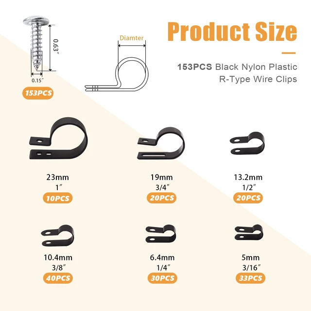 Alt view image 2 of 7 - 306PCS Cable Clips Assortment Kit Nylon R-Type Wire Mount Clamps 6 sizes: 3/16,1/4,3/8,1/2,3/4,1 inch, Nylon Plastic cable clamps with screws for cable management