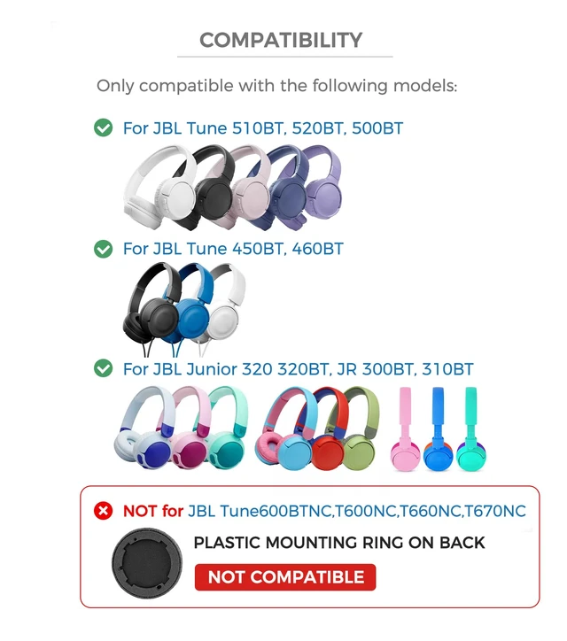 Alt view image 2 of 7 - Soft Thick Large Ear Pads Compatible with JBL Tune 510BT, 520BT, 450BT, 460BT, 500BT, JBL Junior 320 320BT, JR 300BT, 310BT Headphones, Cushion Edges for Easy Replacement, Black
