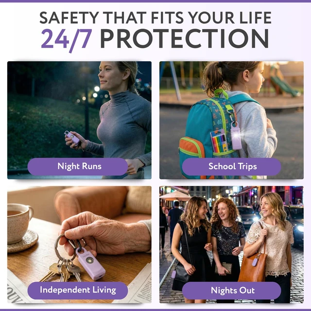 Alt view image 4 of 7 - Personal Safety Alarm for Women, Men and Kids 130dB Personal Alarm Keychain, Pull Pin Safety Alarm Keychain with Strobe Light, Self-Defense Alarm for Campus, Travel and Running Lavender