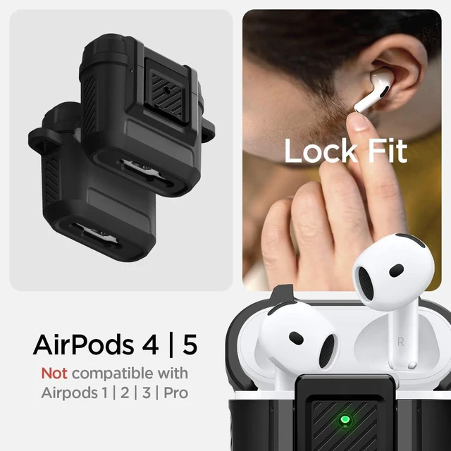 Alt view image 2 of 7 - Lock Fit for AirPods 5 / AirPods 4 Case (2026/2024) with Lock Secure Locking Clip, Dual-Layer Protection, Included Carabiner, Wireless Charging Compatible - Matte Black