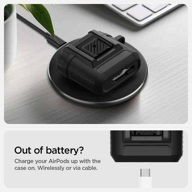 Alt view image 6 of 7 - Lock Fit for AirPods 5 / AirPods 4 Case (2026/2024) with Lock Secure Locking Clip, Dual-Layer Protection, Included Carabiner, Wireless Charging Compatible - Matte Black