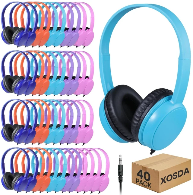 Main image of 40 Pack Bulk Headphones for Classroom School Student Kids, Wholesale On Ear Durable Wired Earphones for Class Sets Library Airplane Online Learning and Travel (LS30,40 Mixed)