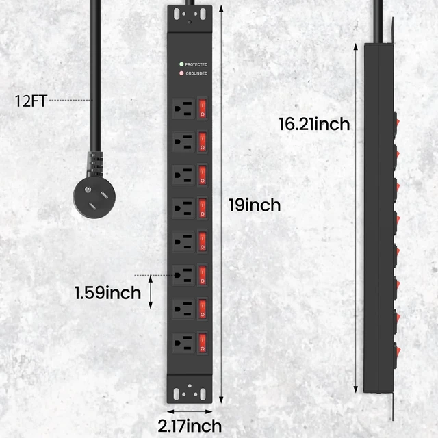 Alt view image 5 of 7 - Rack Mount PDU Power Strips,8 Outlet Surge Protector,Individual Switches,1.5U Rackmount Server Racks,14AWG Heavy Duty Extension Cord,15A 125V 1875W (Standard Power Cord, 12 FT Cable)