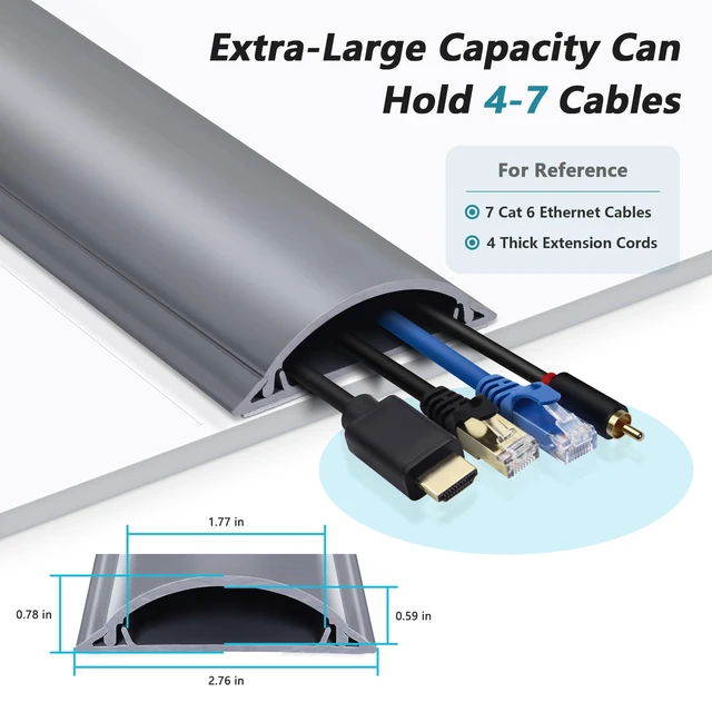 Alt view image 2 of 5 - 6ft Cord Covers for Wires on Floor, Large Capacity Wire Hider, Grey Fits 4-7 Cables, Rigid PVC Construction, 2 Pack 3ft Each, Seamless Connection, Self-Adhesive, Cord Cavity 1.8" W x 0.6" H