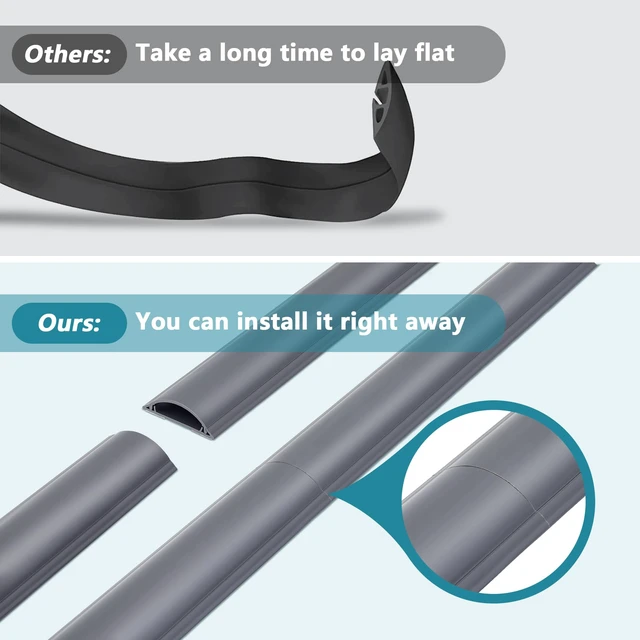 Alt view image 3 of 5 - 6ft Cord Covers for Wires on Floor, Large Capacity Wire Hider, Grey Fits 4-7 Cables, Rigid PVC Construction, 2 Pack 3ft Each, Seamless Connection, Self-Adhesive, Cord Cavity 1.8" W x 0.6" H