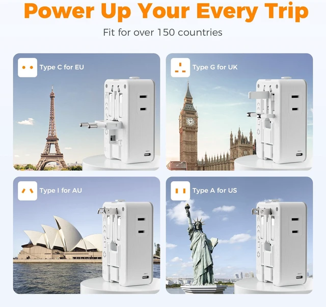 Alt view image 4 of 7 - Travel Adapter PD 20W, Universal Power Adapter with 3 USB C 1 USB A Ultra Thin International Plug Adaptor, Worldwide Outlet for US to European UK Italy Spain Australia, Type C G A I, 1 Pack