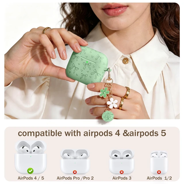 Alt view image 2 of 7 - for Airpods 5 Case & Airpods 4 Cute Case Cover with Cleaner Kit Engraved Soft Silicone Protective Case for AirPods 4 & AirPods 5 with Flower Charm Keychain, Carabiner for Girly Women Men