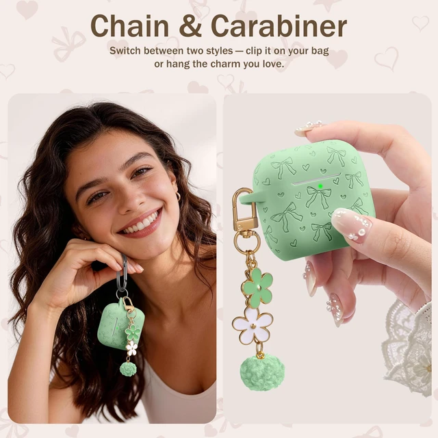 Alt view image 5 of 7 - for Airpods 5 Case & Airpods 4 Cute Case Cover with Cleaner Kit Engraved Soft Silicone Protective Case for AirPods 4 & AirPods 5 with Flower Charm Keychain, Carabiner for Girly Women Men