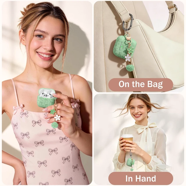 Alt view image 6 of 7 - for Airpods 5 Case & Airpods 4 Cute Case Cover with Cleaner Kit Engraved Soft Silicone Protective Case for AirPods 4 & AirPods 5 with Flower Charm Keychain, Carabiner for Girly Women Men