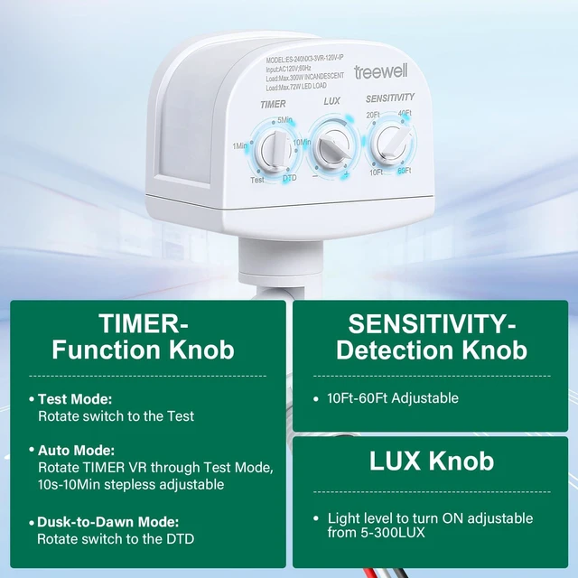 Alt view image 3 of 7 - 2 Pack 240-Degree Replacement Motion Sensor, Adjustable LUX(5-300) & Time & Detection Sensitivity Up to 60 Feet Range, 3 Working Modes Outdoor Motion Detector for Security Floodlight, White