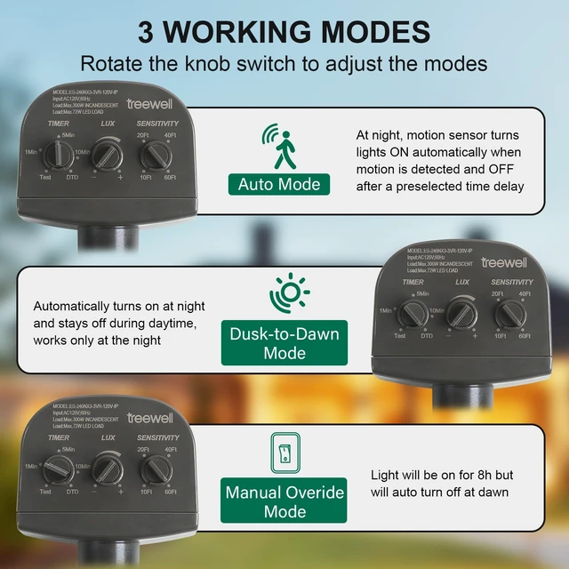 Alt view image 2 of 7 - 2 Pack 240-Degree Replacement Motion Sensor, Adjustable LUX(5-300) & Time & Detection Sensitivity Up to 60 Feet Range, 3 Working Modes Outdoor Motion Detector for Security Floodlight, Brown